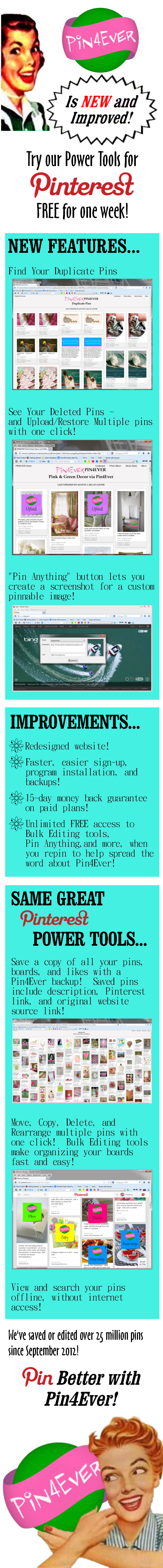 Backup and organize your Pinterest the fast and easy way with Pin4Ever. Pin4Ever has saved, edited or uploaded 481,997,521 pins since September 2012. Go to pin4ever.com and try it free!